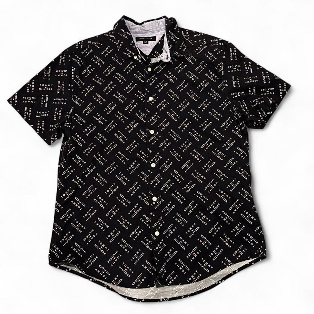 Tommy Hilfiger Navy Logo Print Button-Up Shirt Men's Large Preppy